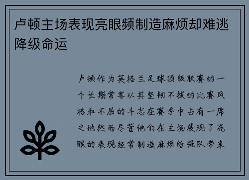 卢顿主场表现亮眼频制造麻烦却难逃降级命运